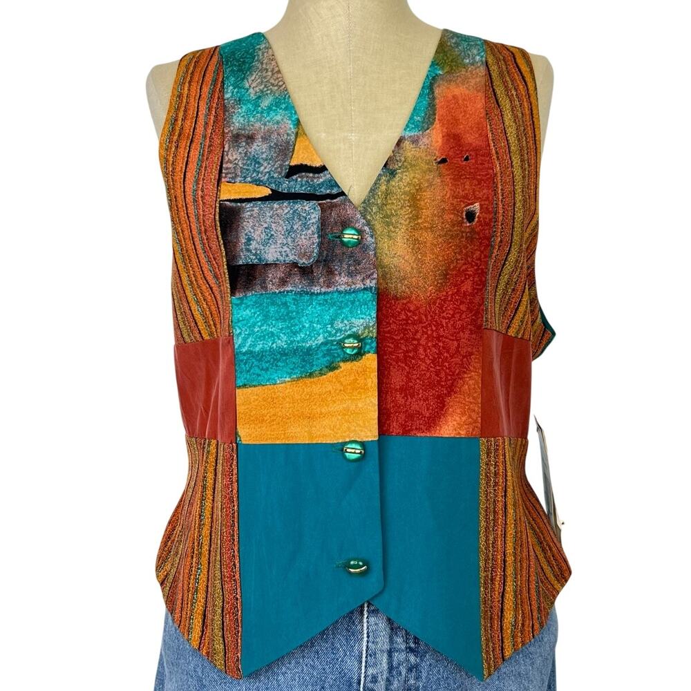 Vintage 90's A.K.F. New York Multi-Colored Button Front Funky Vest (Sz L)